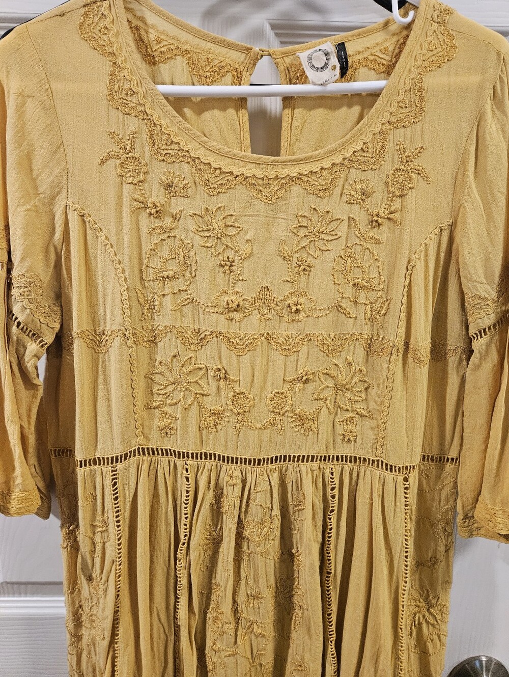 Anthropologie Mustard Yellow Embroidered Boho Dress - Picture 3 of 7